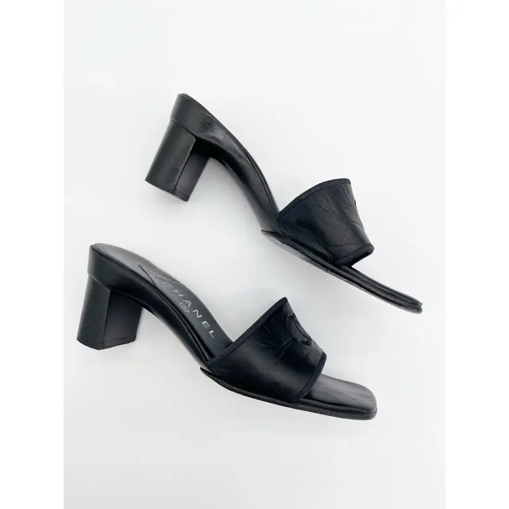 Chanel Vintage Black Leather CC Logo Classic Mule Heeled Sandals Square Toe US 6
